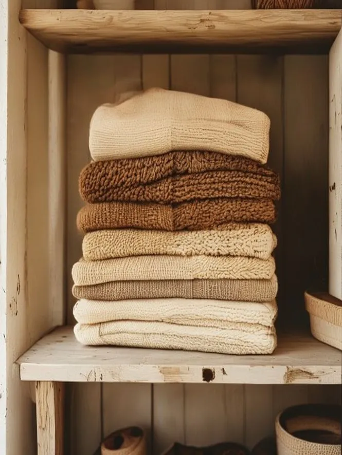 Folded knitwear in oatmeal and terracotta tones on a pale wooden shelf
