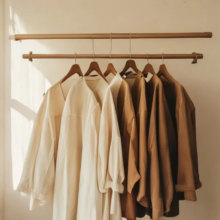 Curated rail of neutral-toned garments on wooden hangers