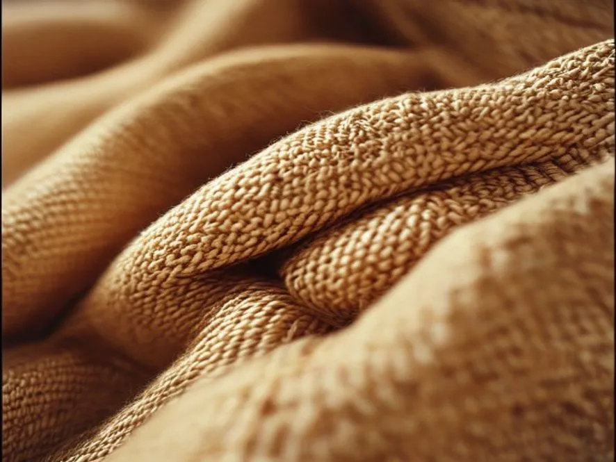 Macro close-up of woven camel fabric and precise stitching