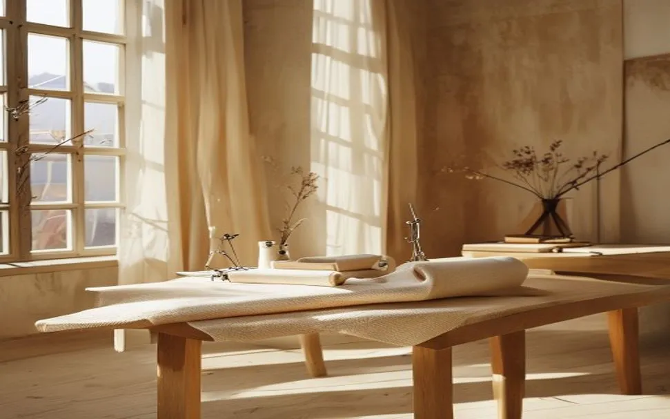 Calm fashion studio workspace with pale wooden table and neutral fabric